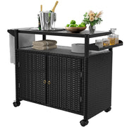 Outdoor Bar Cart with Wicker Cabinet & Glass Top