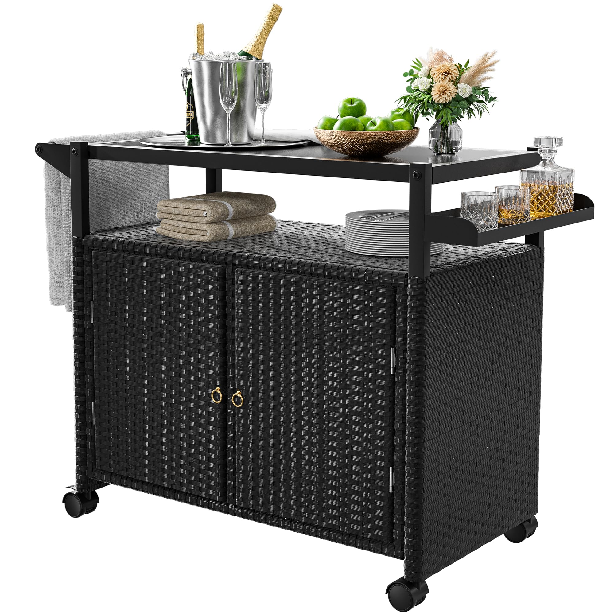 Xilingol Outdoor Bar Table, Wicker Bar Cart with Cabinet, Patio Serving Cart with Tempered Glass Top, Lockable Wheels, Rounded Handle & Side Basket for Garden, Poolside & Backyard, Black