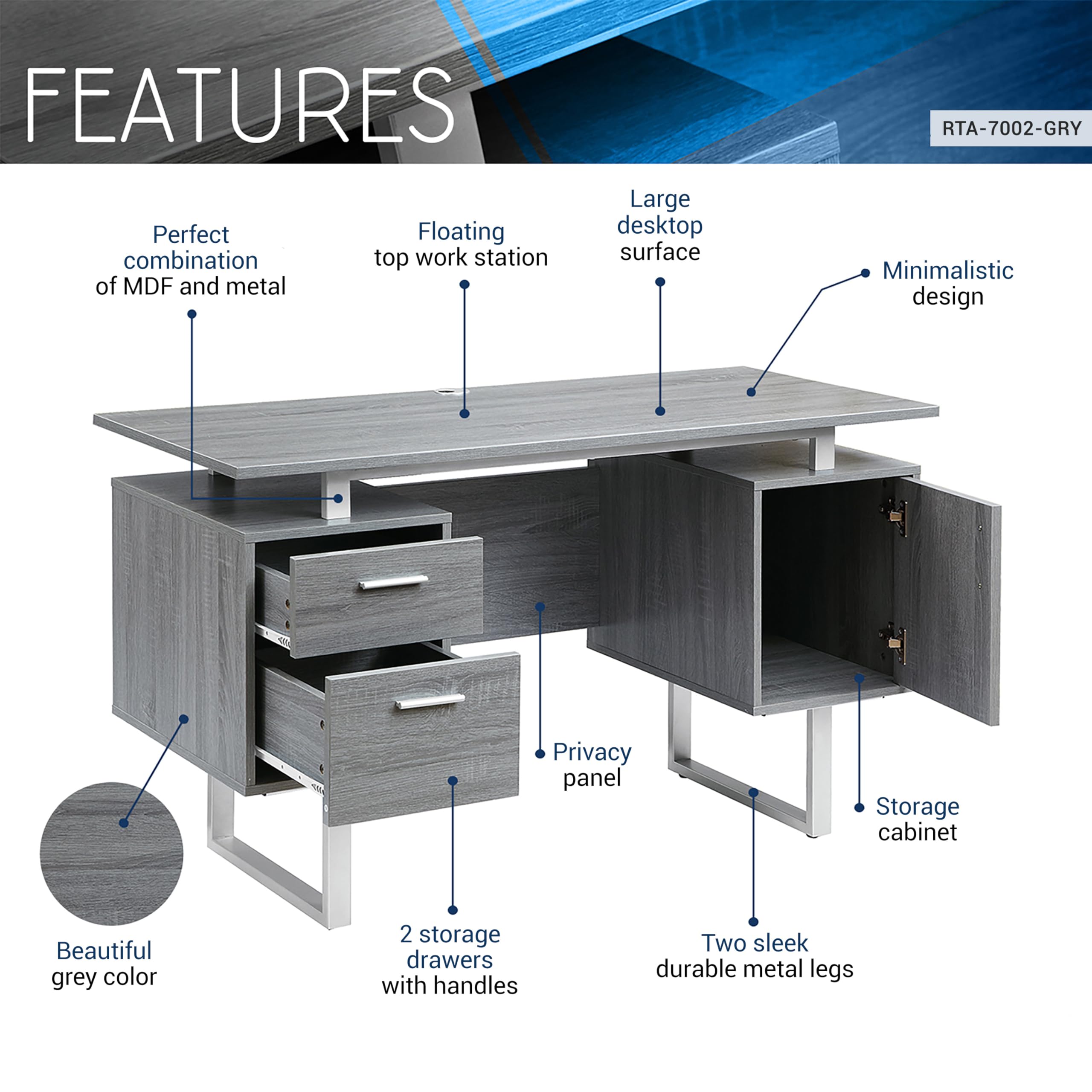 Modern Office Desk with Storage Drawers & File Cabinet