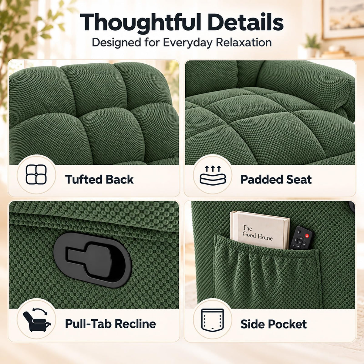 Recliner Chairs for Adults, Ergonomic Indoor Lounge Chairs (Army Green)