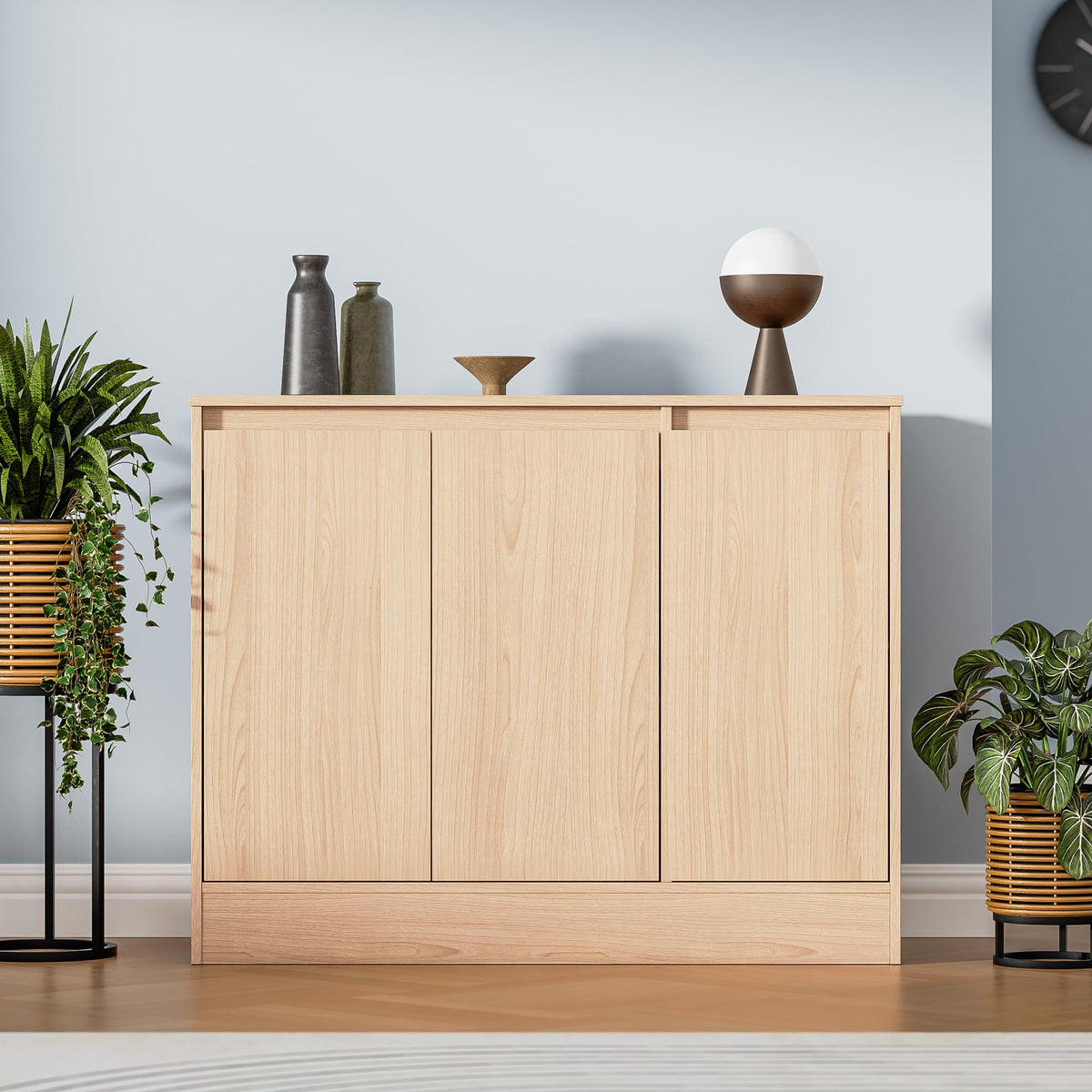 Housoul Buffet Cabinet with 3 Doors, Coffee Bar Cabinet with Storage, Oak