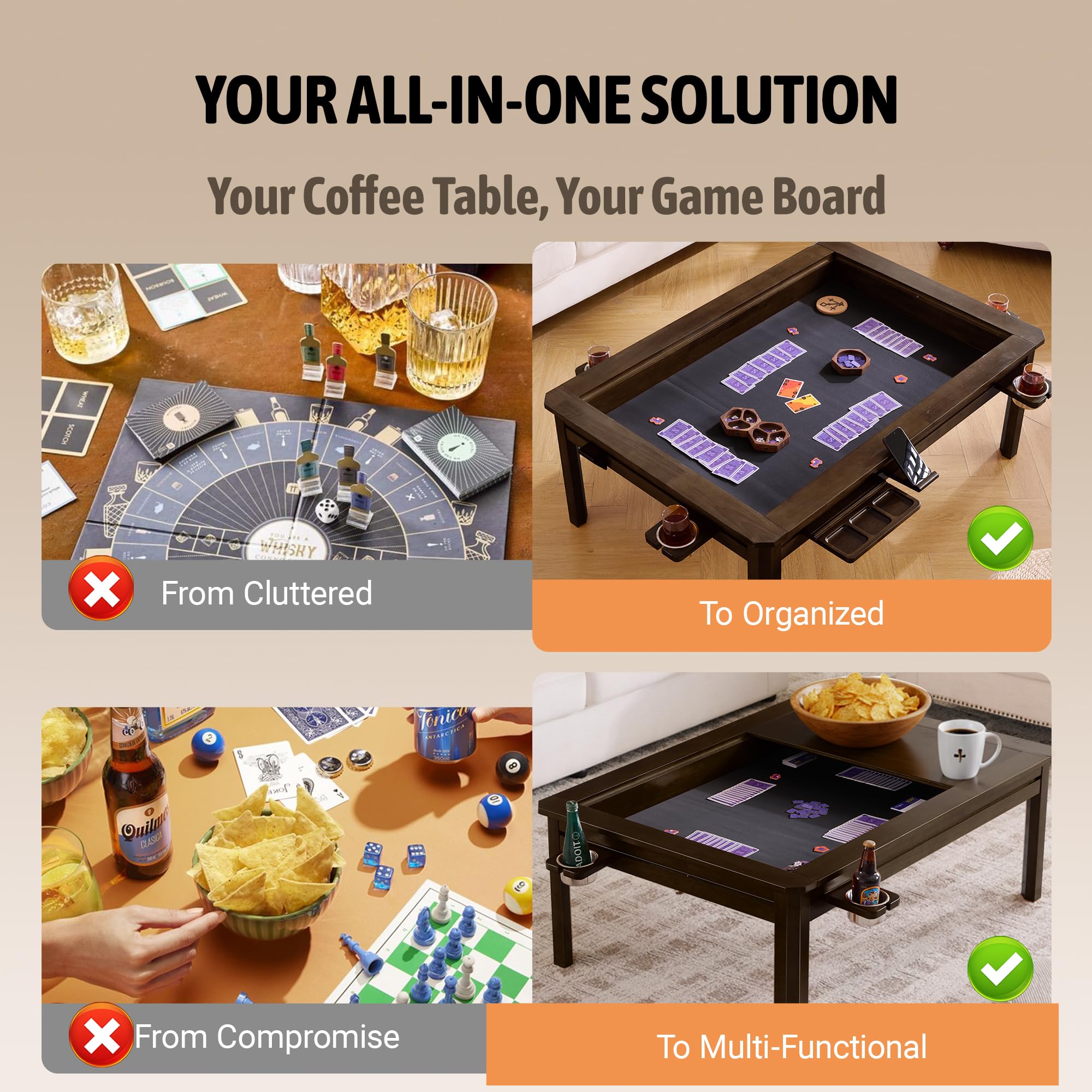 BKTSUNAMI Solid Wood Board Game Coffee Table with Removable Top, 3-in-1 Gaming and Dining Table Includes Play Mat & Detachable Cup Holders, 48" L x 33" W (Black Walnut01)