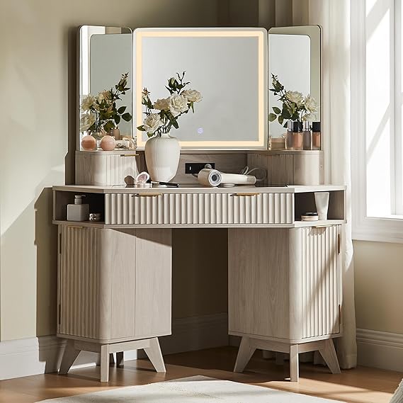 48" Corner Vanity Desk with 3-Way Mirror, Lights & Charging Station