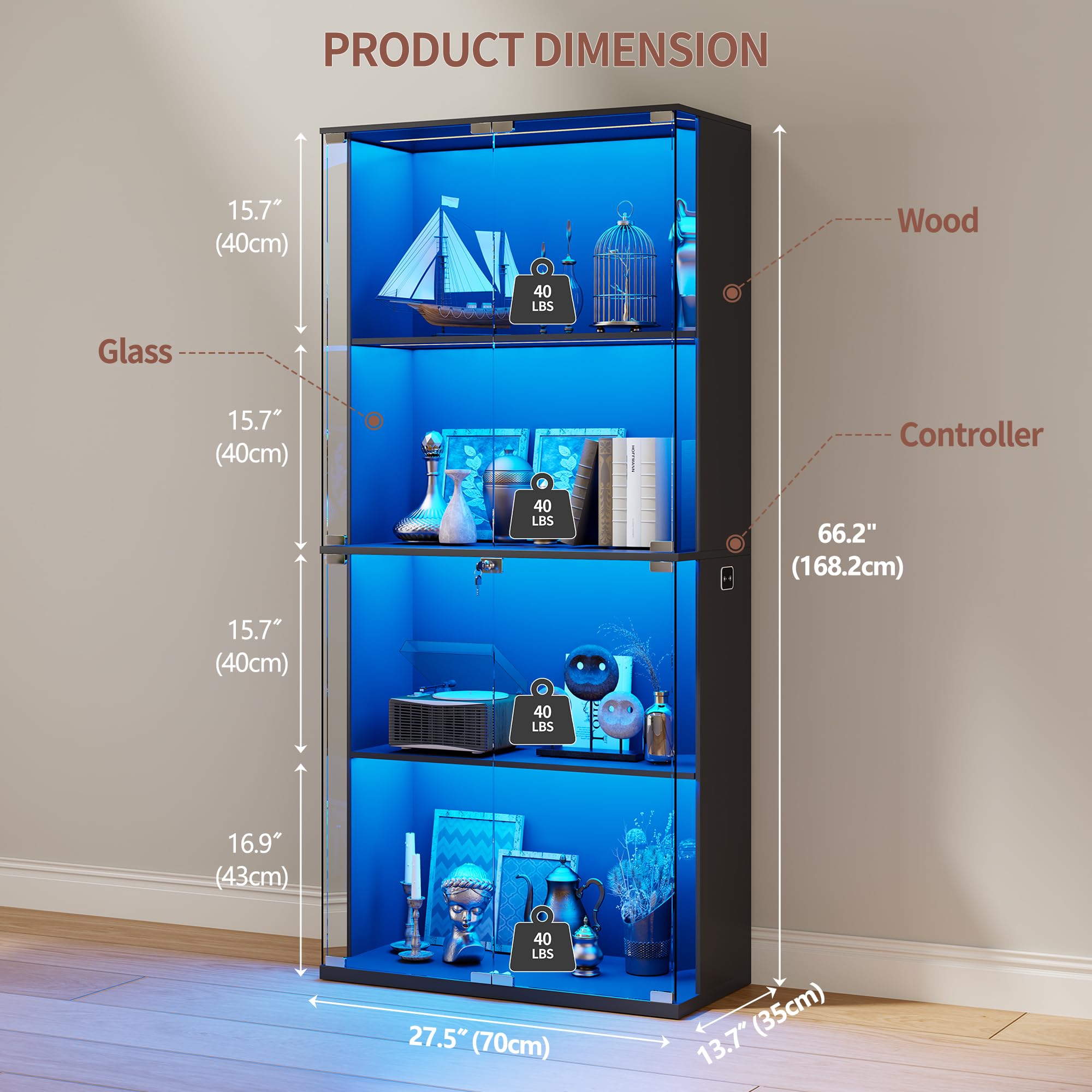 66" Glass Display Cabinet with LED Lights & Lock
