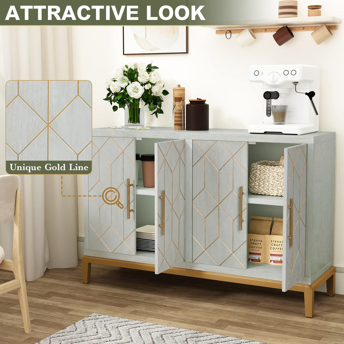 Green 4-Door Sideboard with Gold Trim