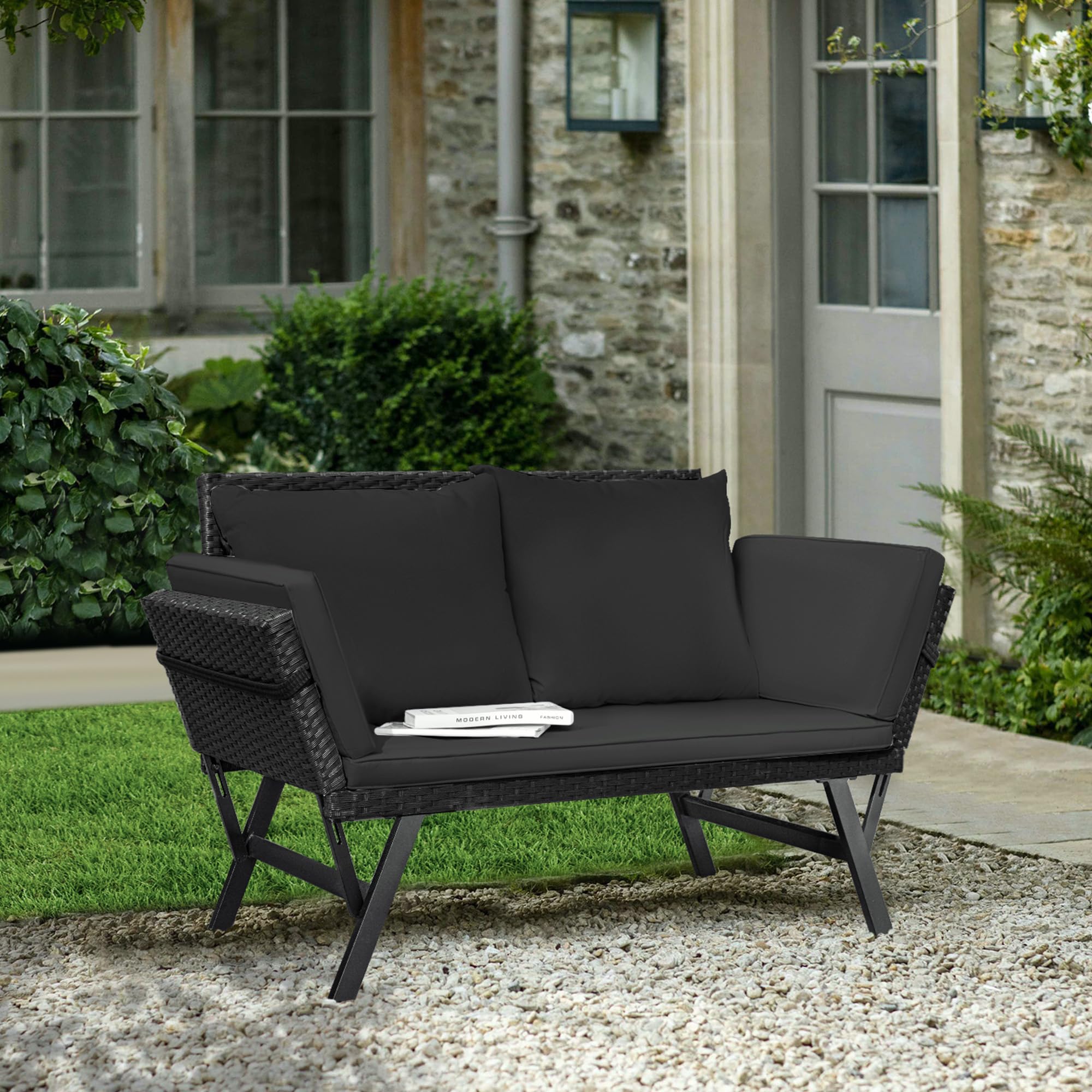 Outdoor Convertible Rattan Sofa Bed with Adjustable Armrests
