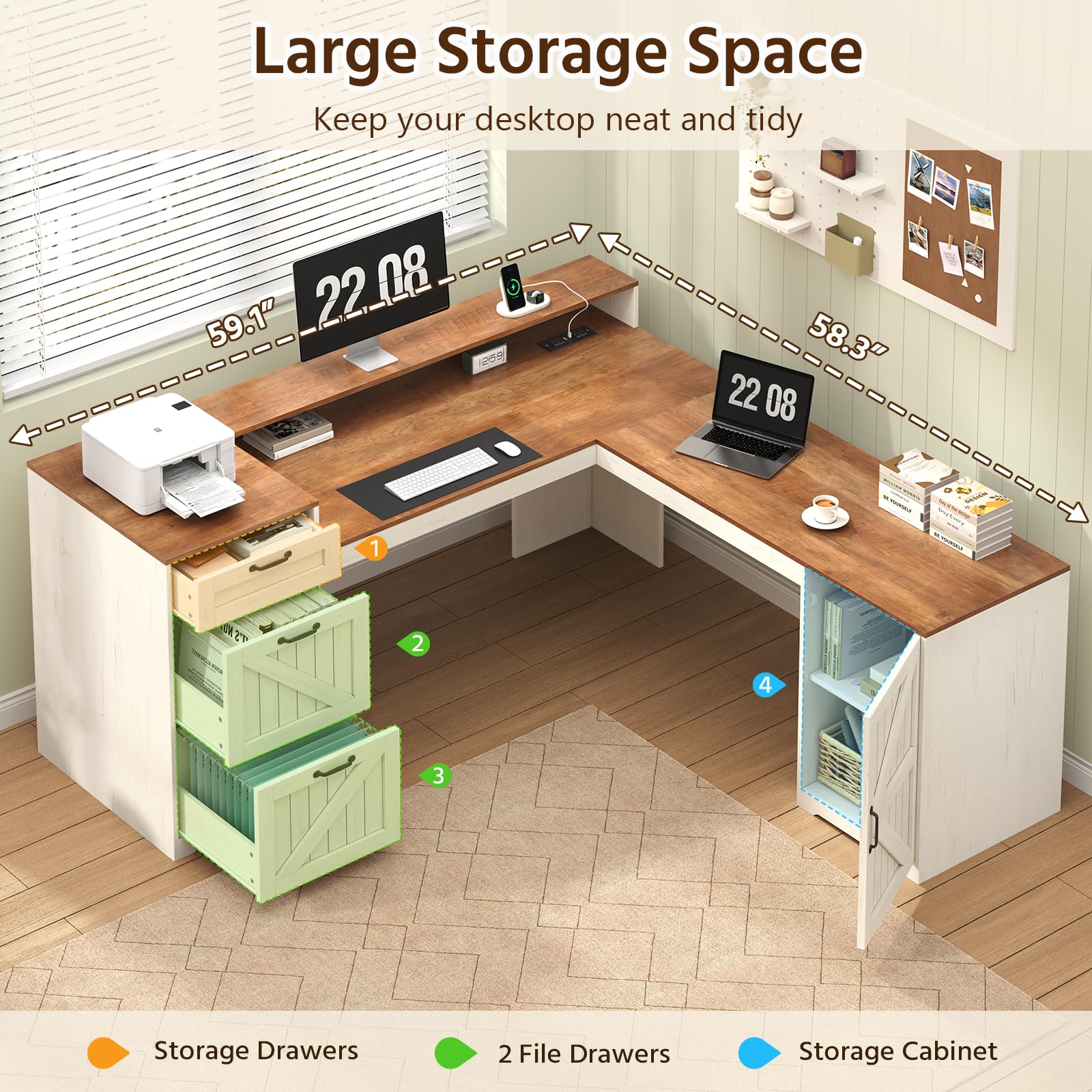 Farmhouse L-Shaped Desk with Drawers, Storage & Power Outlet
