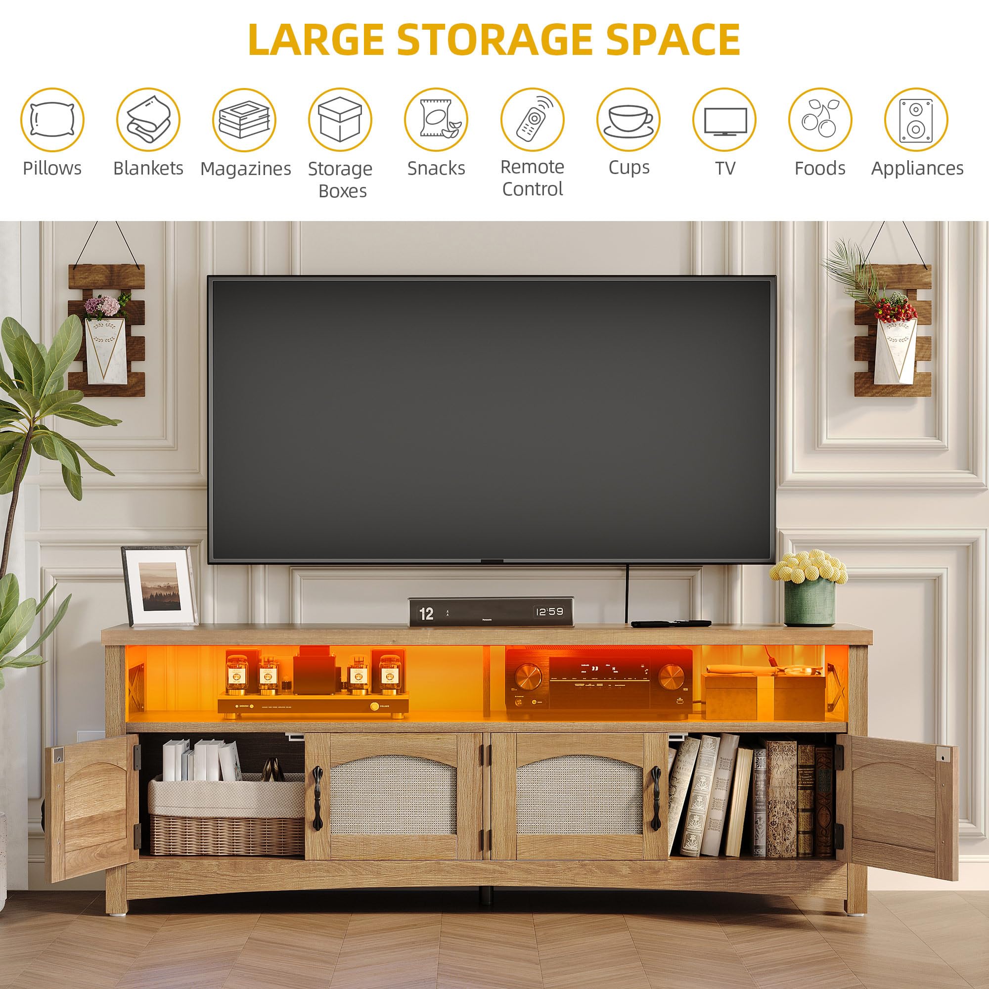 Farmhouse TV Stand with LED Lighting & Storage – 59" Oak
