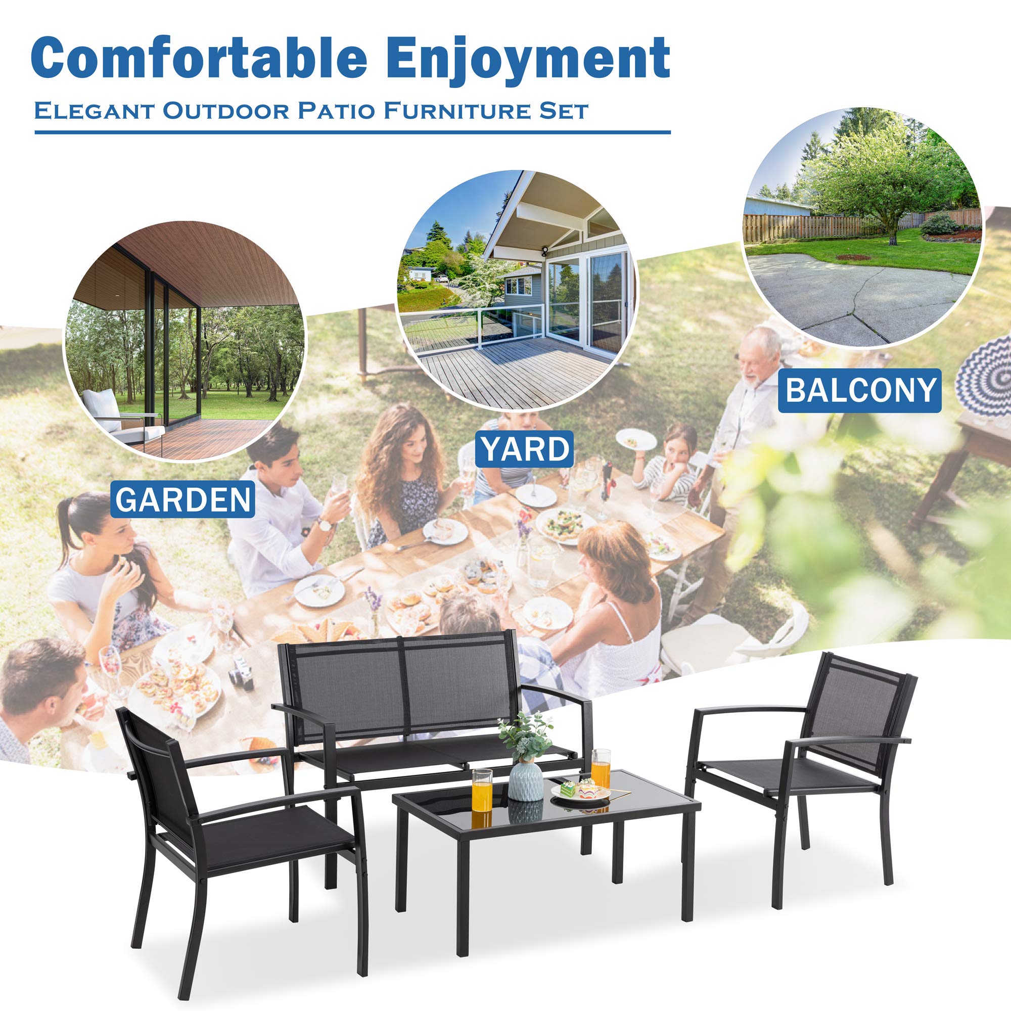 4-Piece Patio Conversation Set with Glass Coffee Table
