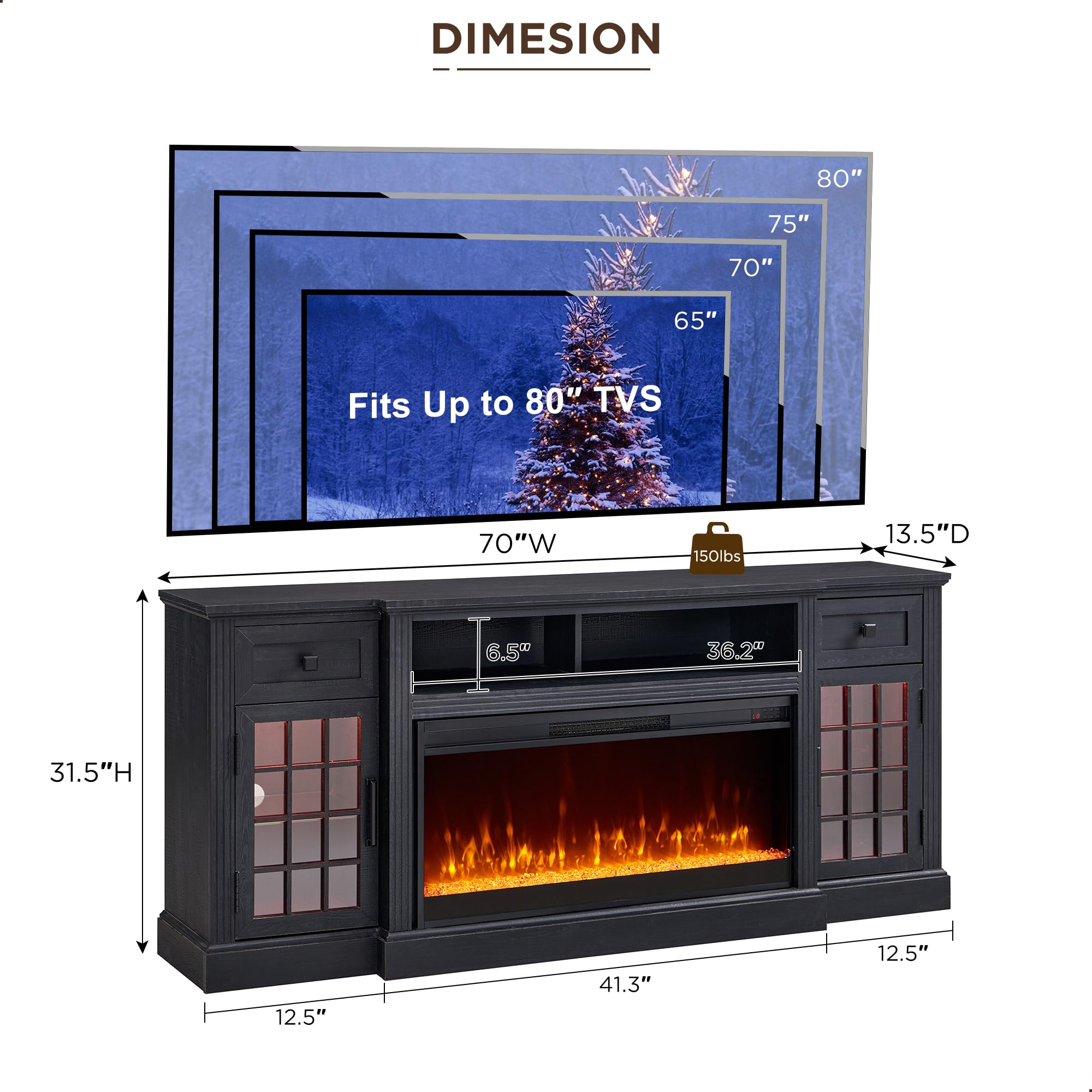 ACCOHOHO Farmhouse Fireplace TV Stand for 80 Inch TV, Entertainment Center w/ 36'' Electric Fireplace & LED Lights, Mordern Media Console with Storage Drawers & Cabinets for Living Room, Black