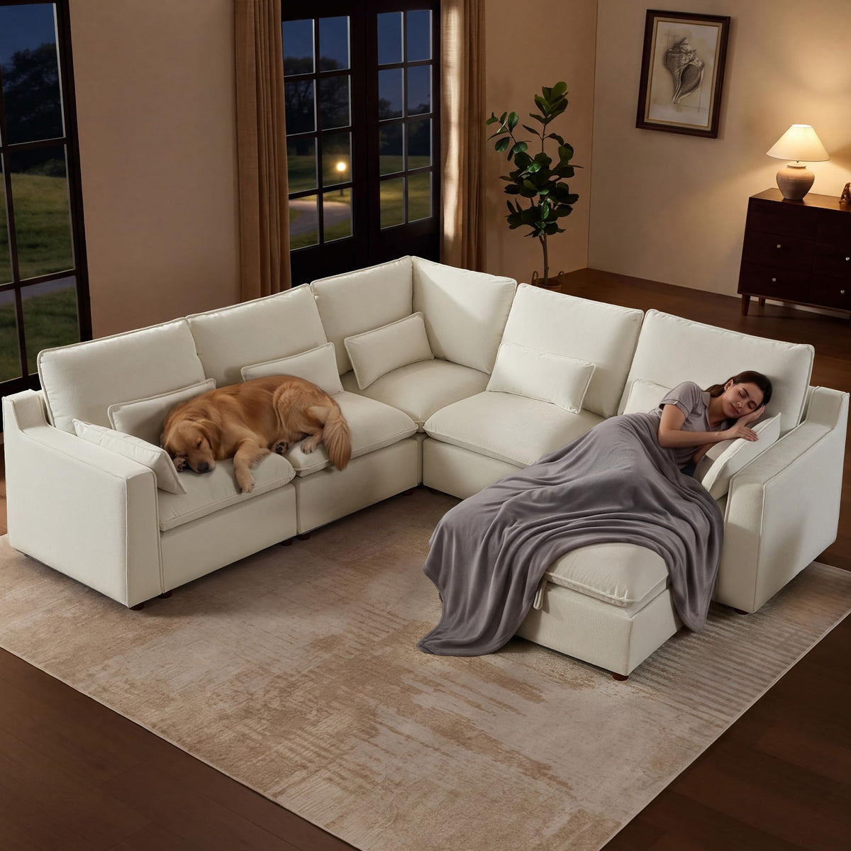 WorthFurni Modern Modular Sectional Sofa,105" V Shape Sectional Cloud Couch with Storage Ottoman,Comfty 6 Seat Sofa for Living Room,Beige Chenille