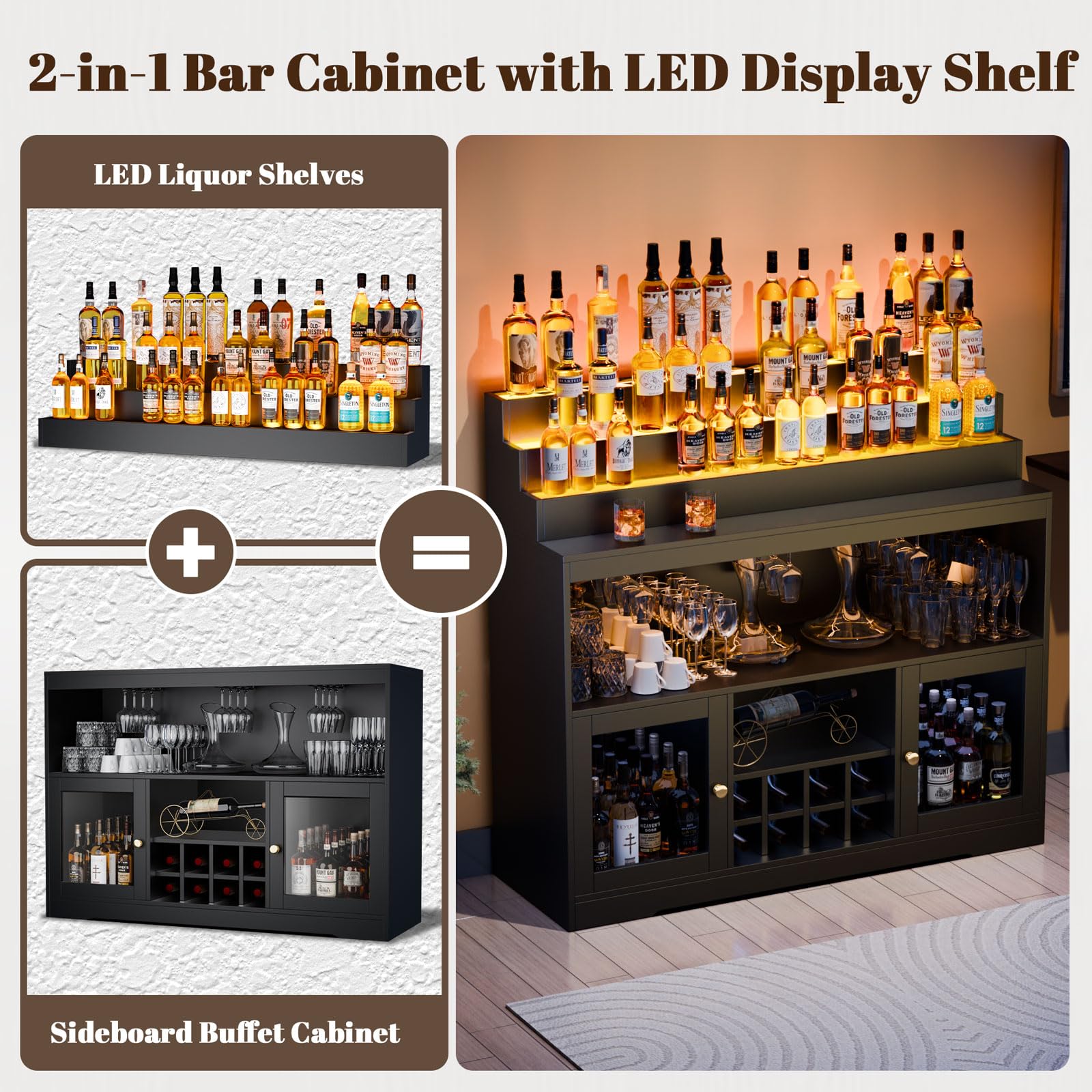 Loomie Wine Bar Cabinet with LED Lighted Liquor Bottle Display Shelf, Liquor Cabinet with Glass Holder, Coffee Bar for Liquor, Storage Buffet with Wine Racks, Wine Cabinet with Door (Black)