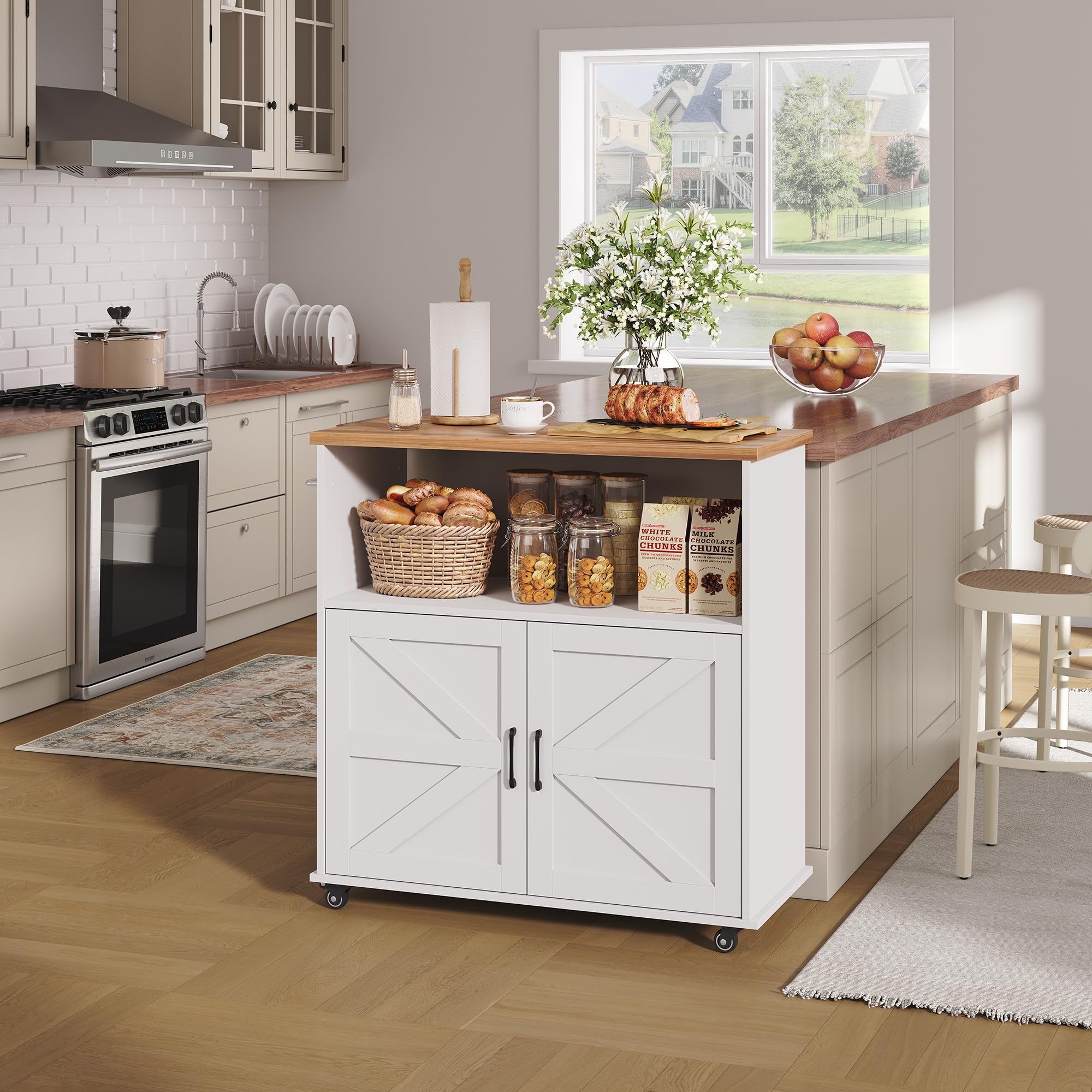 IDEALHOUSE Rolling Kitchen Island with Storage Cabinet, 40.4'' Width Kitchen Cart, Portable Mobile Kitchen Island with Towel Rack, Wood Top and Lockable Wheels for Kitchen, Dining Room