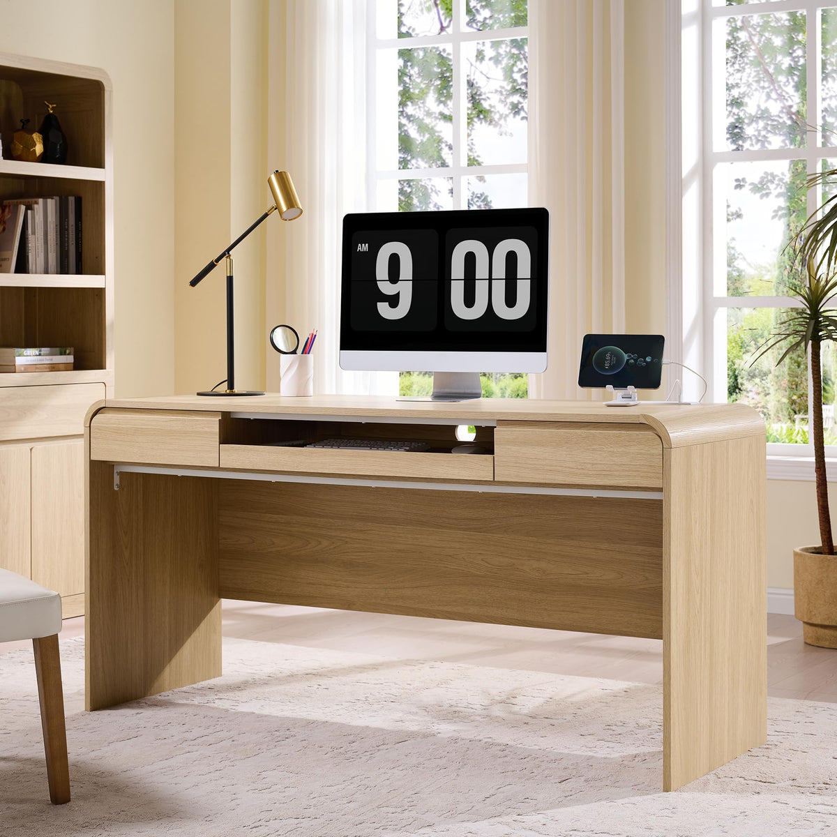 Curved Desk with Drawers and Charging Station