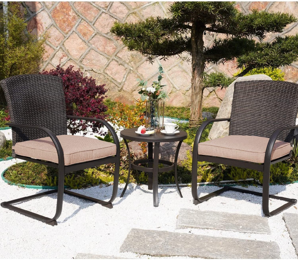 Grand patio 3 Pieces Bistro Set, Outdoor Wicker Table Set, Rocking Wicker Chairs with Removable Cushions and Small Coffee Table, Patio Furniture Sets for Balcony, Porch, Beige