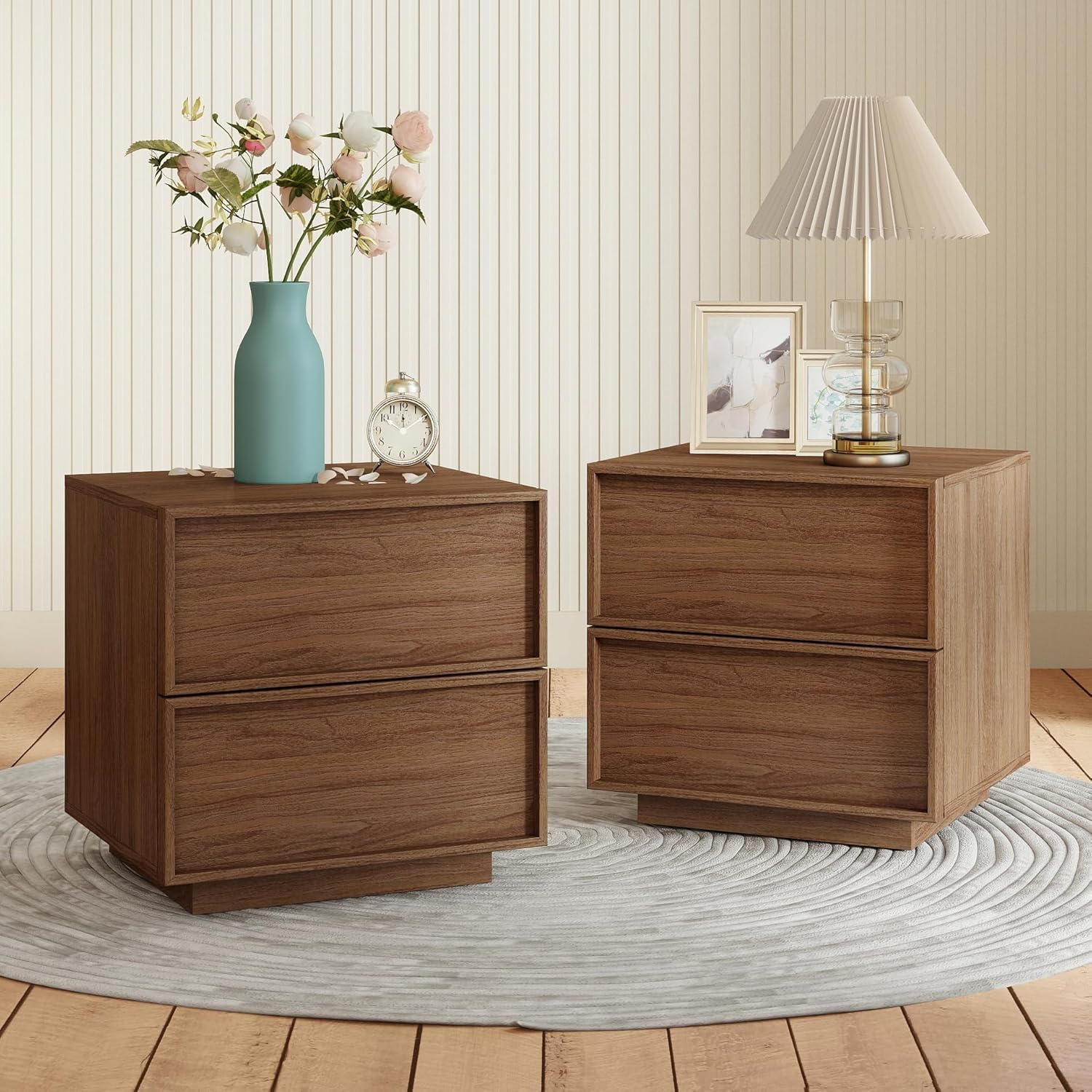 RYWI11OUSE Small Night Stand Set of 2 with 2 Drawers,Modern NightStand with Storage, Bedside Table for Bedroom, Walnut