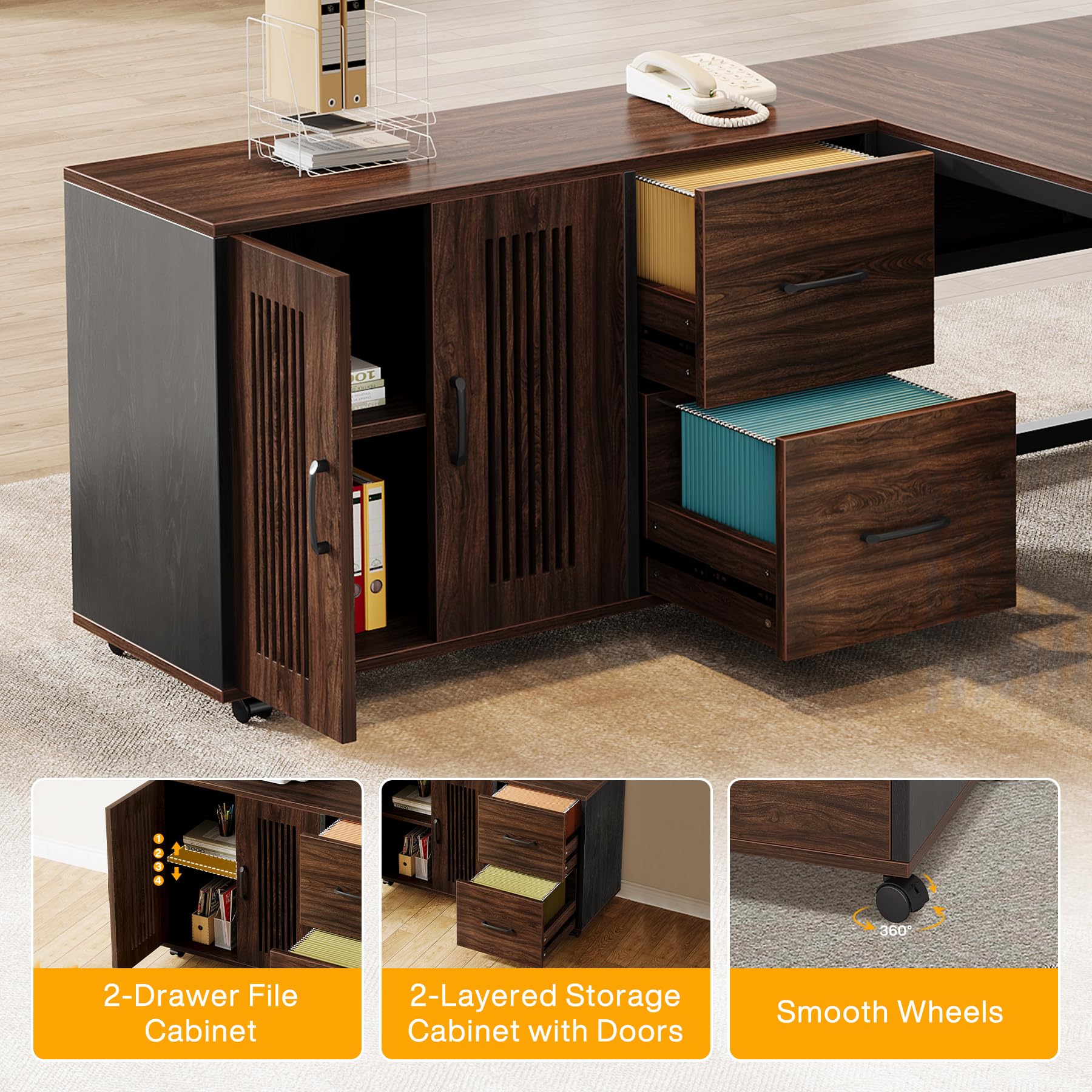 L-Shaped Executive Desk with Mobile File Cabinet
