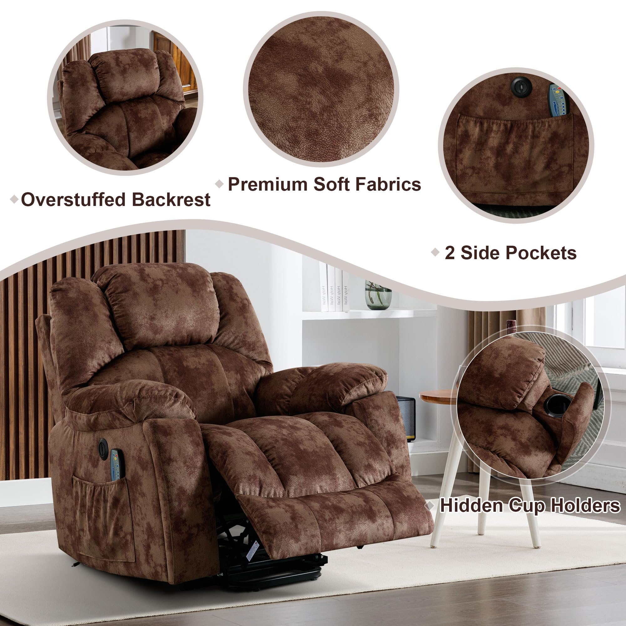 Bonzy Home Power Lift Recliner Chair with Heating and Massage, Upholstered Comfy Lift Chair, Lift Recliner Chairs for Elderly, with 2 Hidden Cup Holders, Side Pockets, USB Port, Brown