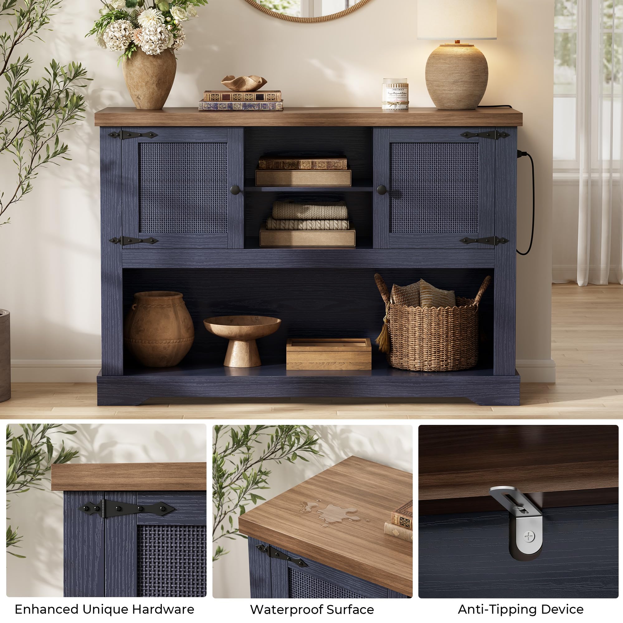 LIKIMIO Farmhouse Entryway Table with Power Outlets, 47.2" Rattan Console Table with Adjustable Storage Shelves & Rattan Doors Cabinet, Sofa Table for Entry, Living Room, Hallway, Foyer, Blue