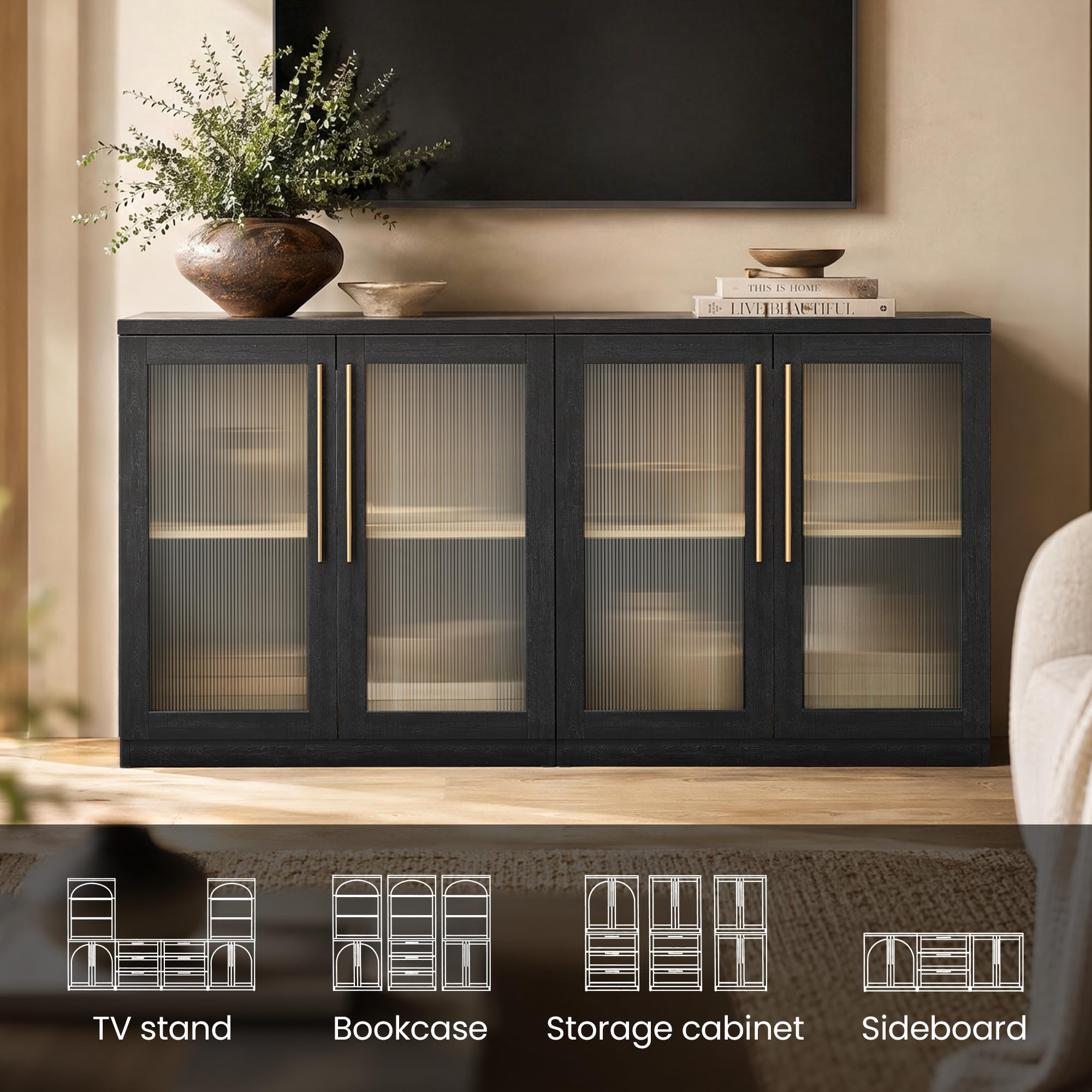 ModernMate Set of 2 Accent Sideboard Cabinets, 62" Modular Storage Buffet Table with Acrylic View Doors, Black Wood Grain Media Console with Soft-Close Hinges for Living Room, Dining Room