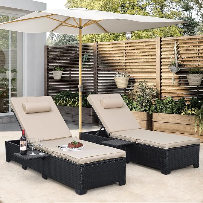 Outdoor Wicker Chaise Lounge Set of 2 with Cushions & Side Shelf