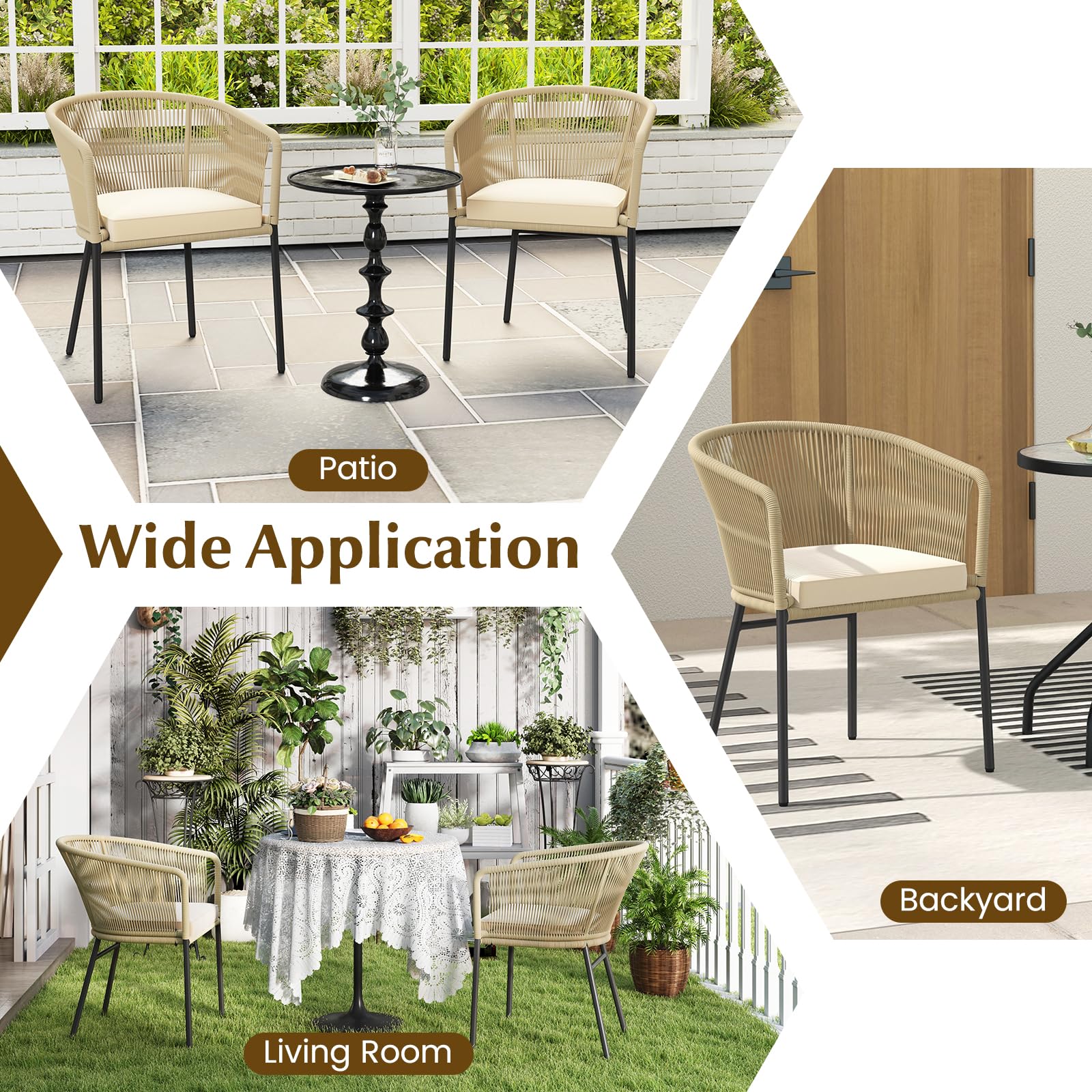 Tangkula Patio Chairs Set of 4, Outdoor Accent Chairs with Woven Rope Curved Backrest & Armrests, Seat Cushion, Adjustable Foot Pads, Modern Dining Chair for Dining Room, Patio, Backyard, Beige