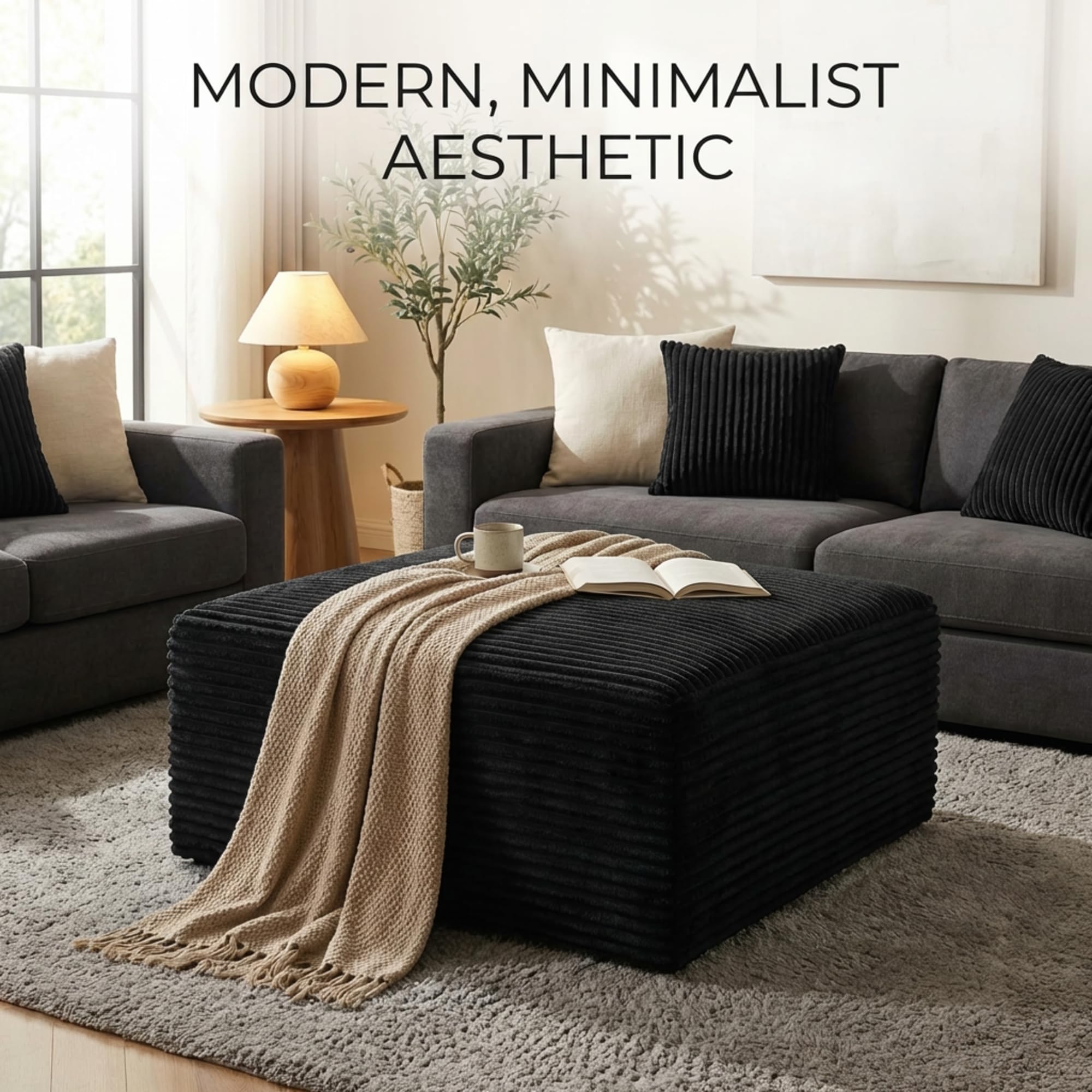 NMXUXMN Oversized Boneless Ottoman for Living Room – Plush Square Corduroy Upholstered Couch Ottoman, Modern Low-Profile Footrest for Sectional & Modular Sofa-Black