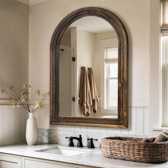 Arched Brown Wood Wall Mirror