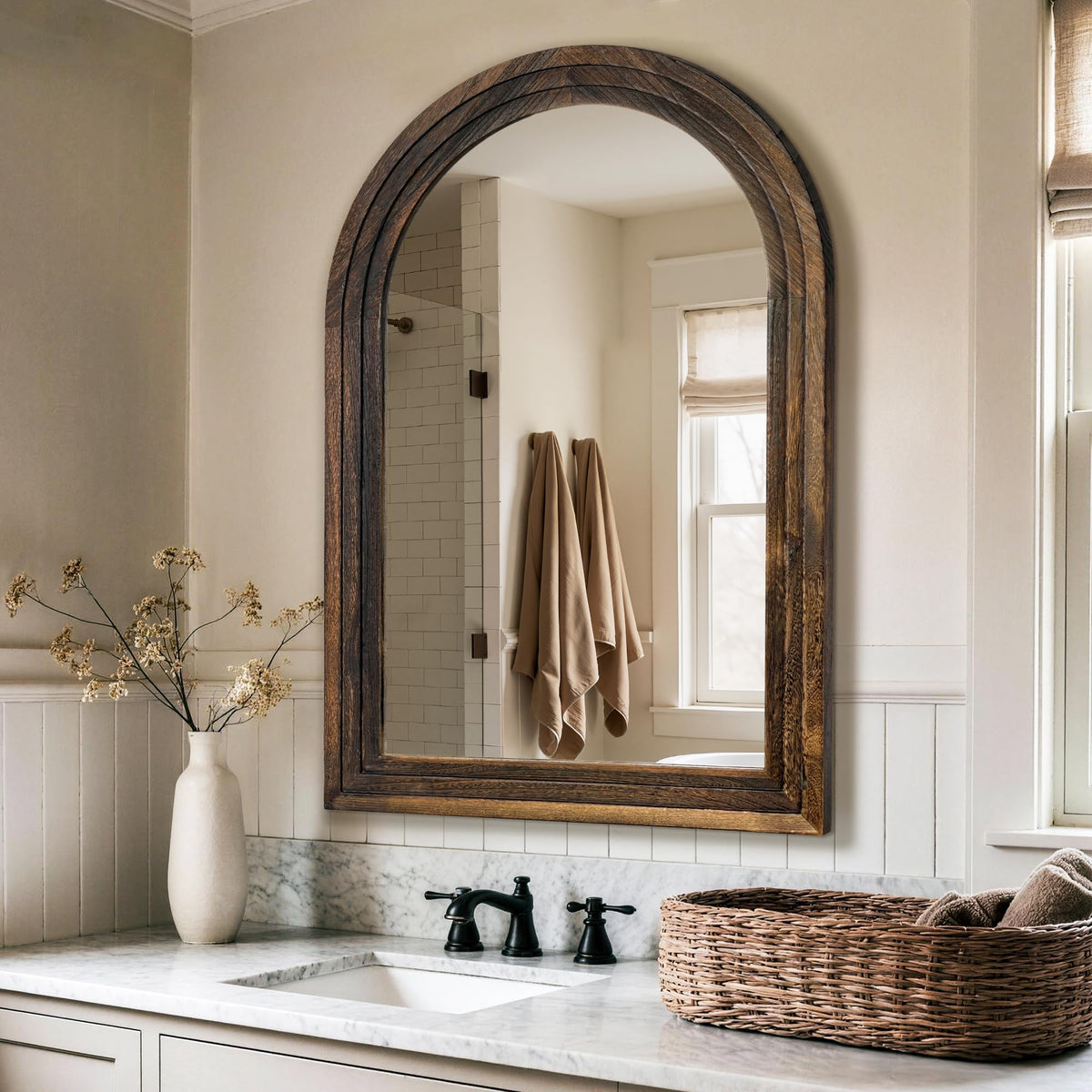 Arched Brown Wood Wall Mirror