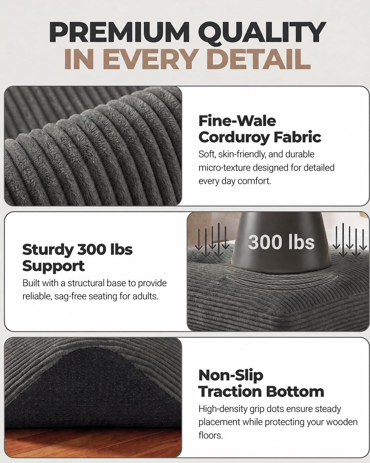 Fabulcozy 23.6in Pouf Ottoman, Corduroy Ottoman Foot Rest with Dual‑Layer Support, Large Plush Pouf with Soft Chunk‑Foam Top & Firm Foam Base, Floor Foot Stool for Living Room, Dark Grey
