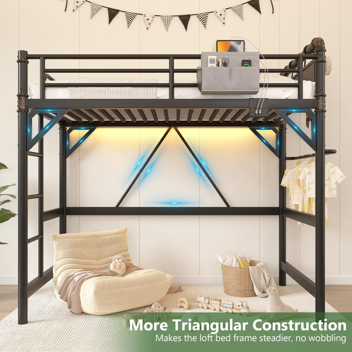 Twin Metal Loft Bed with LED Lights & Charging