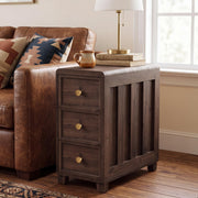 LINSY HOME Solid Wood End Table, 3-Drawer Rustic Nightstand, Dark Brown