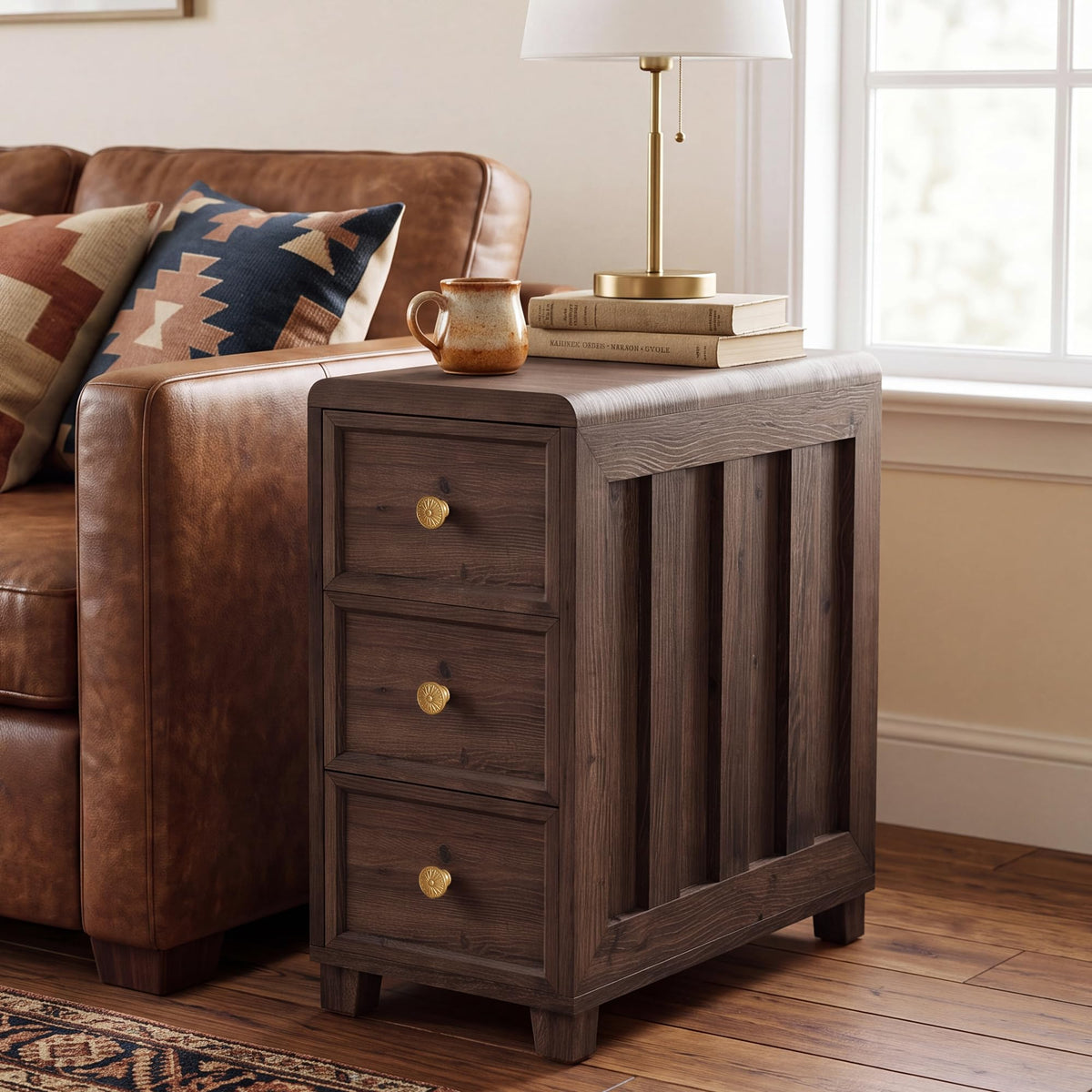 LINSY HOME Solid Wood End Table, 3-Drawer Rustic Nightstand, Dark Brown