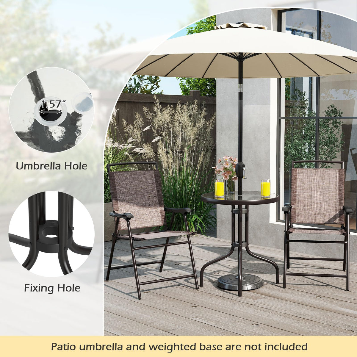 Goplus Bistro Table and Chairs Set of 2, Outdoor 3 Piece Patio Bistro Set with 1.57” Umbrella Hole, Tempered Glass Tabletop, 2 Folding Chairs, Small Patio Furniture Dining Set for Garden, Balcony
