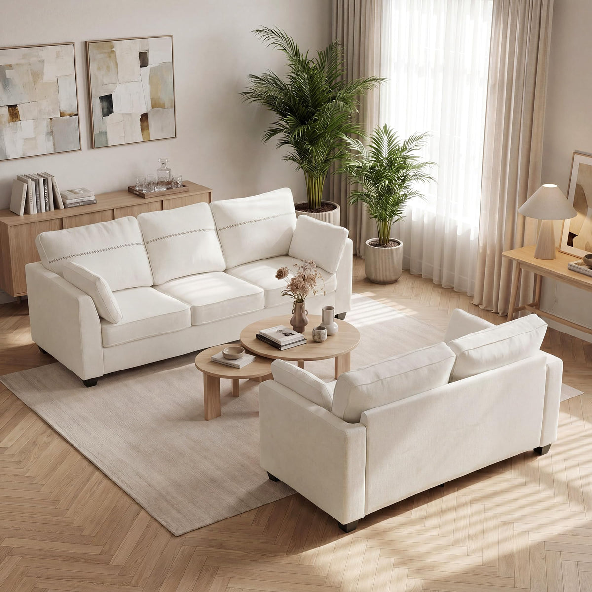 Landassy Home 2-Piece Sofa Set, 65.4" Loveseat + 89" 3-Seater Couch, Beige