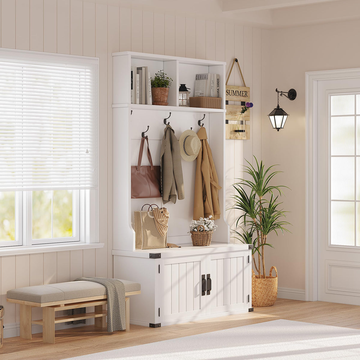 White Farmhouse Hall Tree with Shoe Storage
