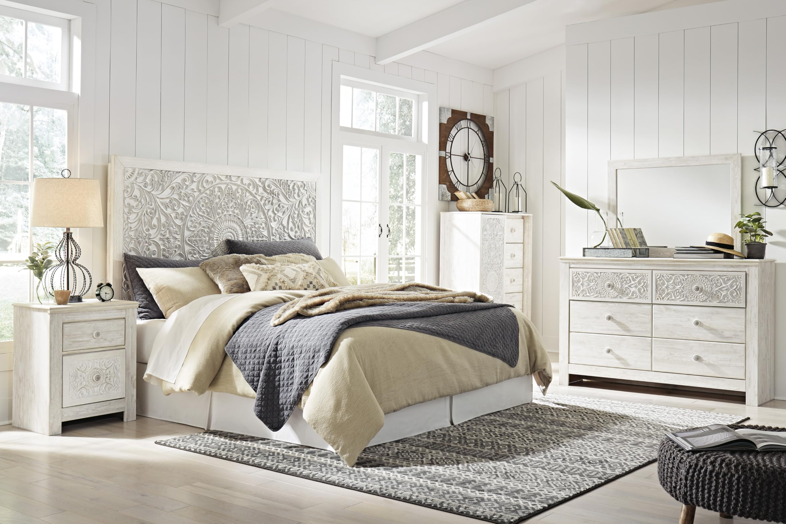 Signature Design by Ashley Paxberry Boho 5 Drawer Dressing Chest with Slider Door & 3 Adjustable Shelves, Whitewash