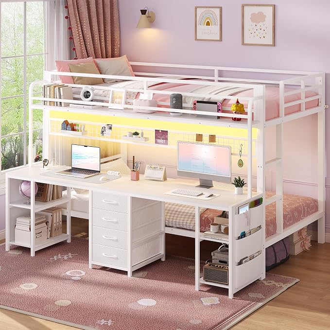 Twin Bunk Bed with Desk & LED Lights