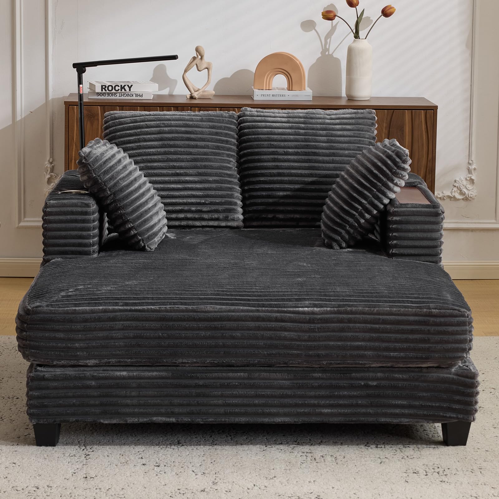 AEDI Oversized Chaise Lounge Chair with Reading Light & USB Charging,Sleeper Sofa with Cup Holder, Solid Wood Frame,for Living Room,Bedroom(Corduroy Grey)