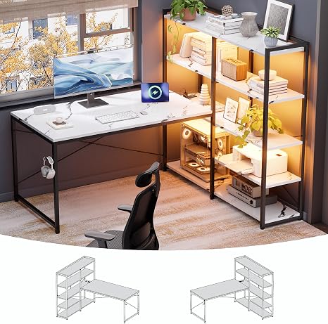L-Shaped Desk with 5-Tier Shelves, LED Lights & Power Outlet, 49 Inch