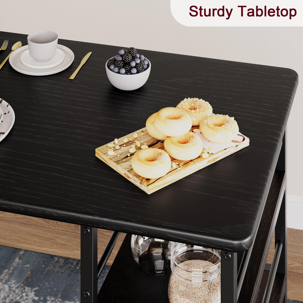 TricaLktdp 3 Piece Dining Table Set for 2 with 2 Upholstered Chairs, Rustic Pub/Bar Table Set + 3 Large Storage Shelves, Compact Kitchen Table for Small Spaces, Apartment, Breakfast Nook, Black