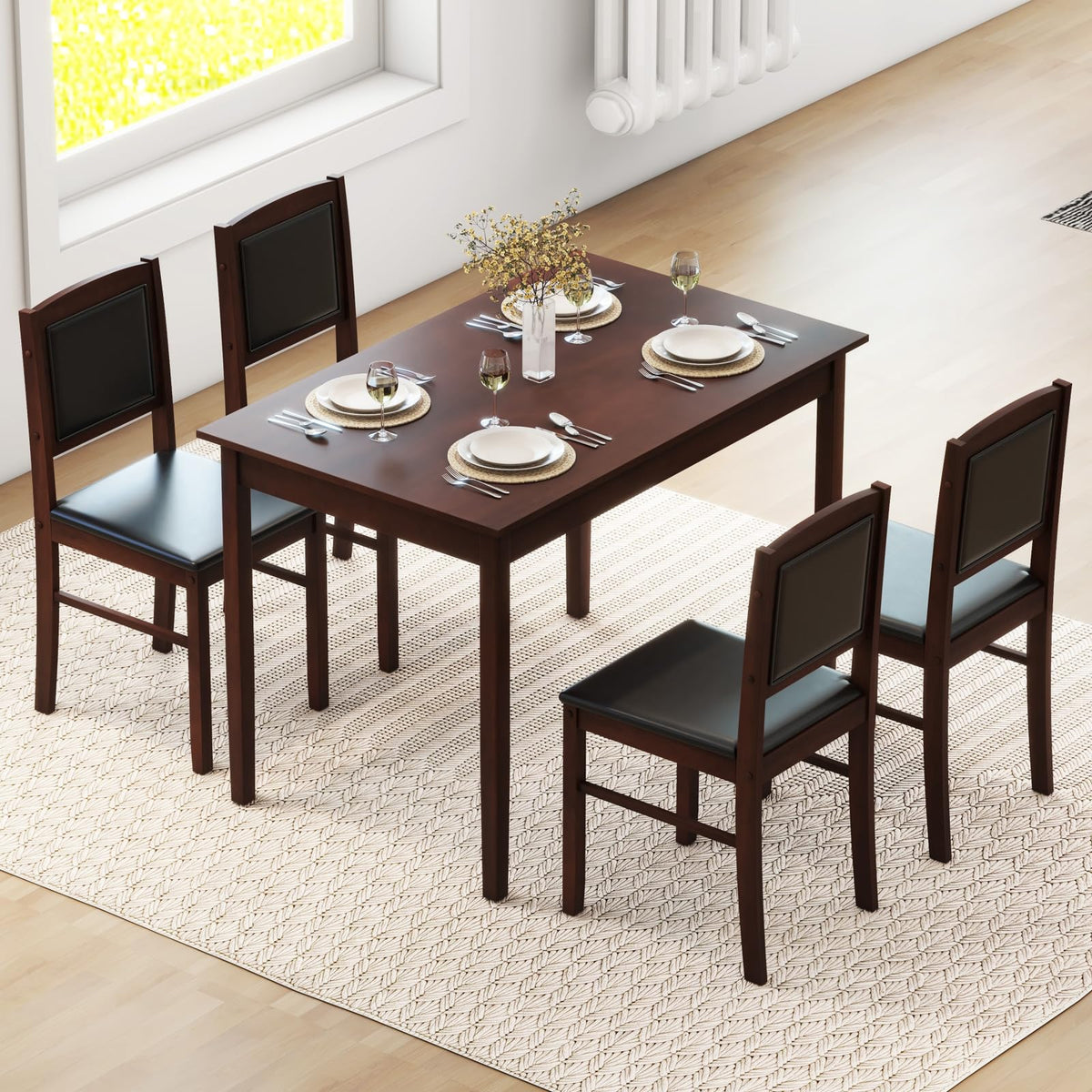 GIANTEX 5-Piece Dining Table Set for 4, Wooden Kitchen Table and Chairs with Solid Rubber Wood Legs, Padded Seat & Backrest, Space Saving Dinette Set for Home Dining Living Room, Breakfast Nook