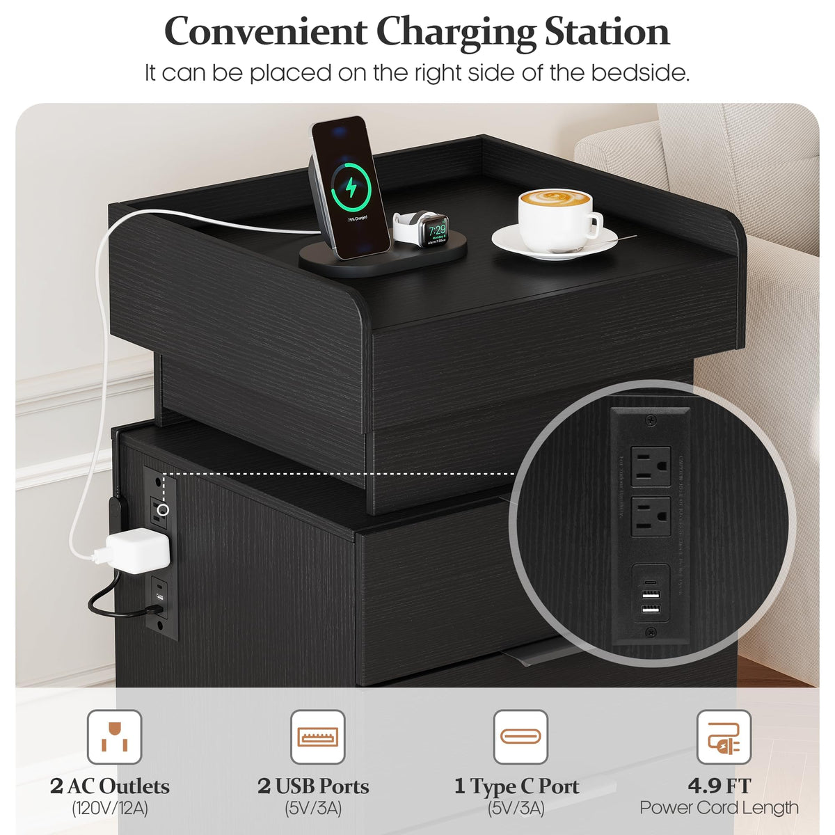 LED Nightstand with Charging Station