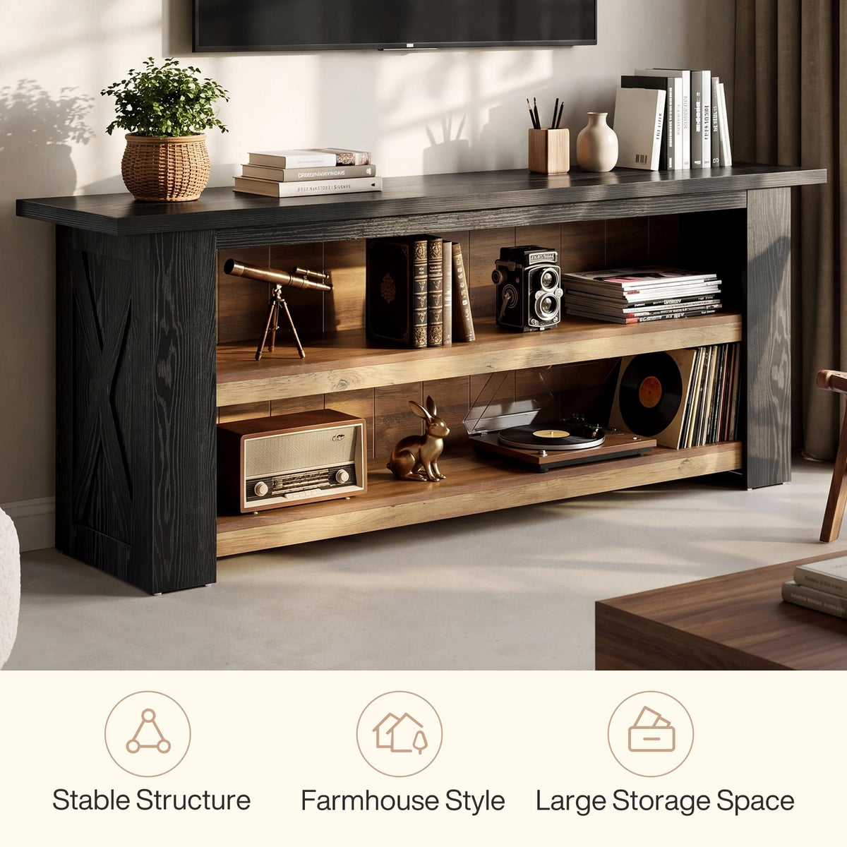 Tribesigns Wooden TV Stand for 65 Inch TV, Black Entertainment Center