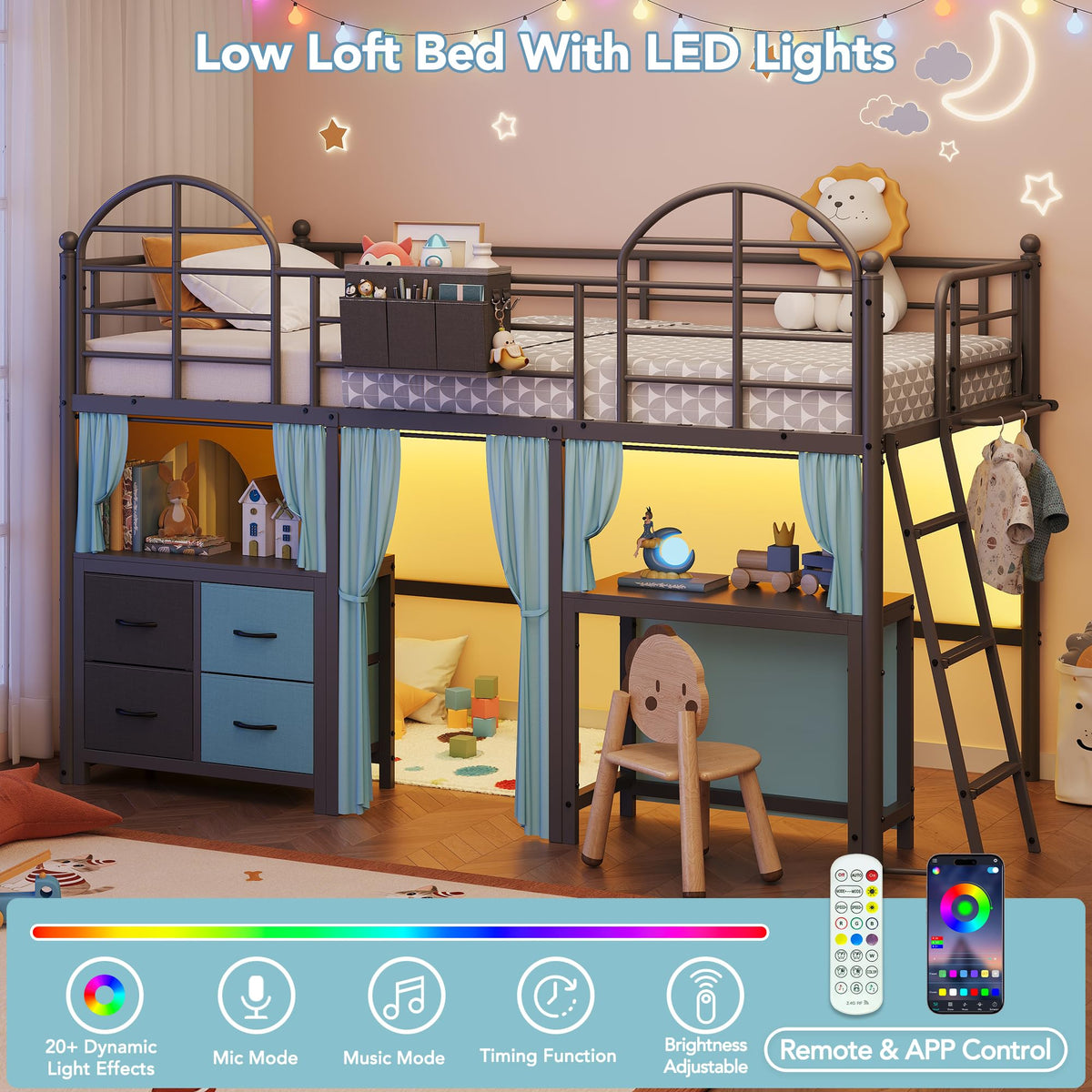 Twin Low Loft Bed with Desk & Storage