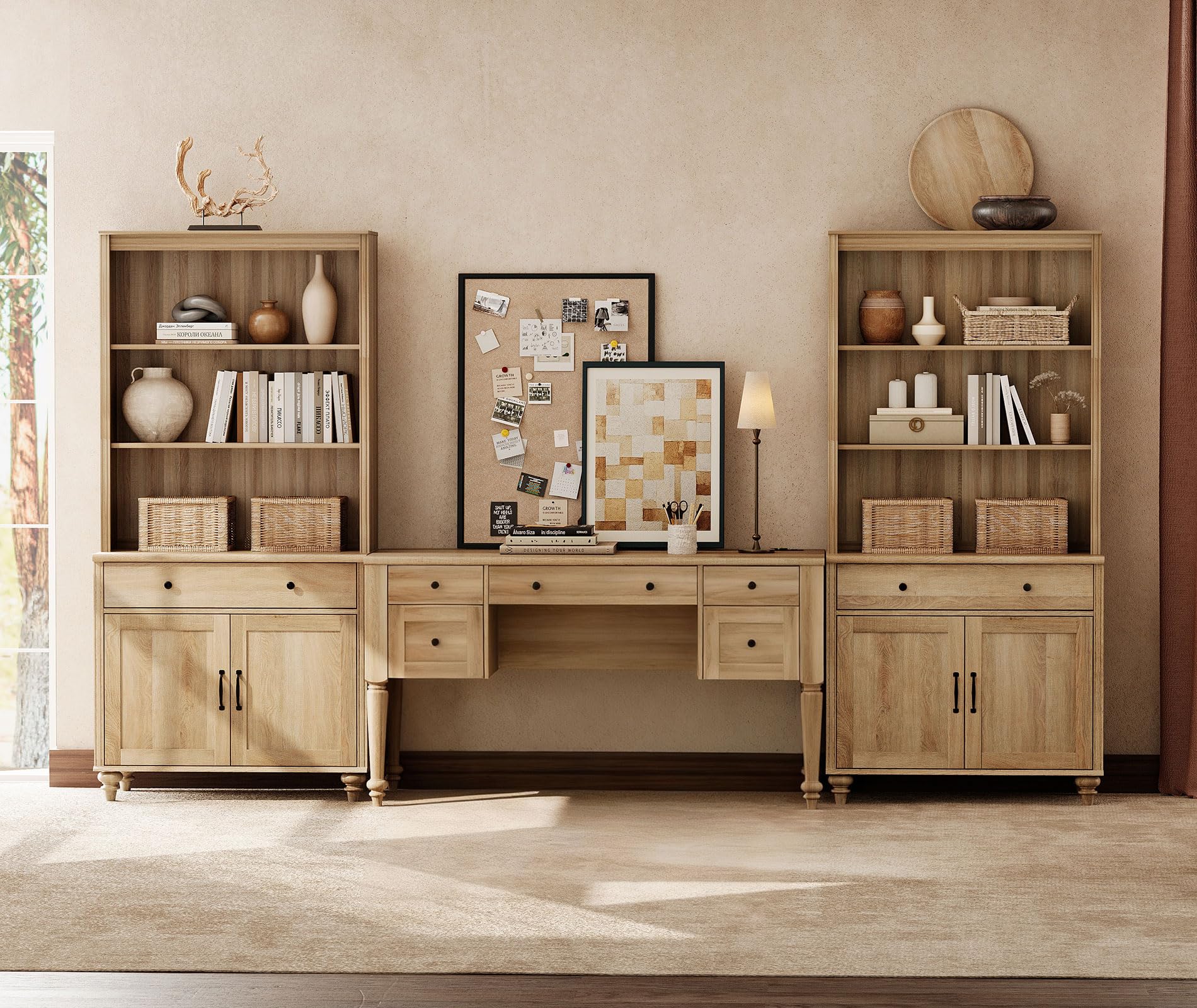 Farmhouse Office Set – 56" Desk with Charging Station & 72" Tall Bookcase
