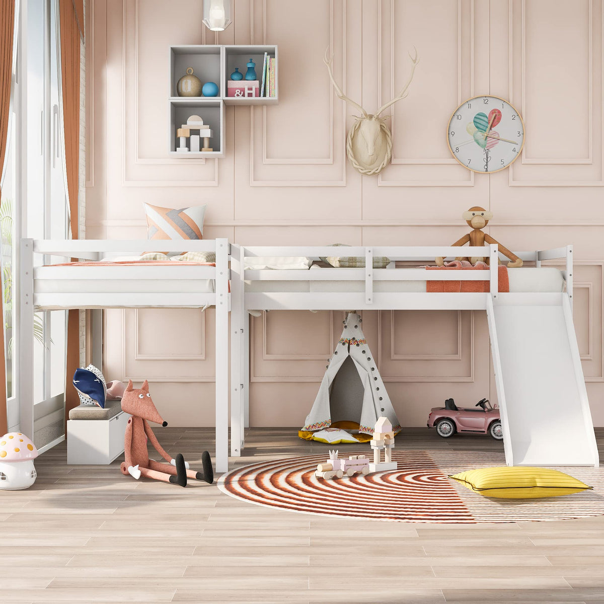Twin L-Shaped Loft Bed with Slide