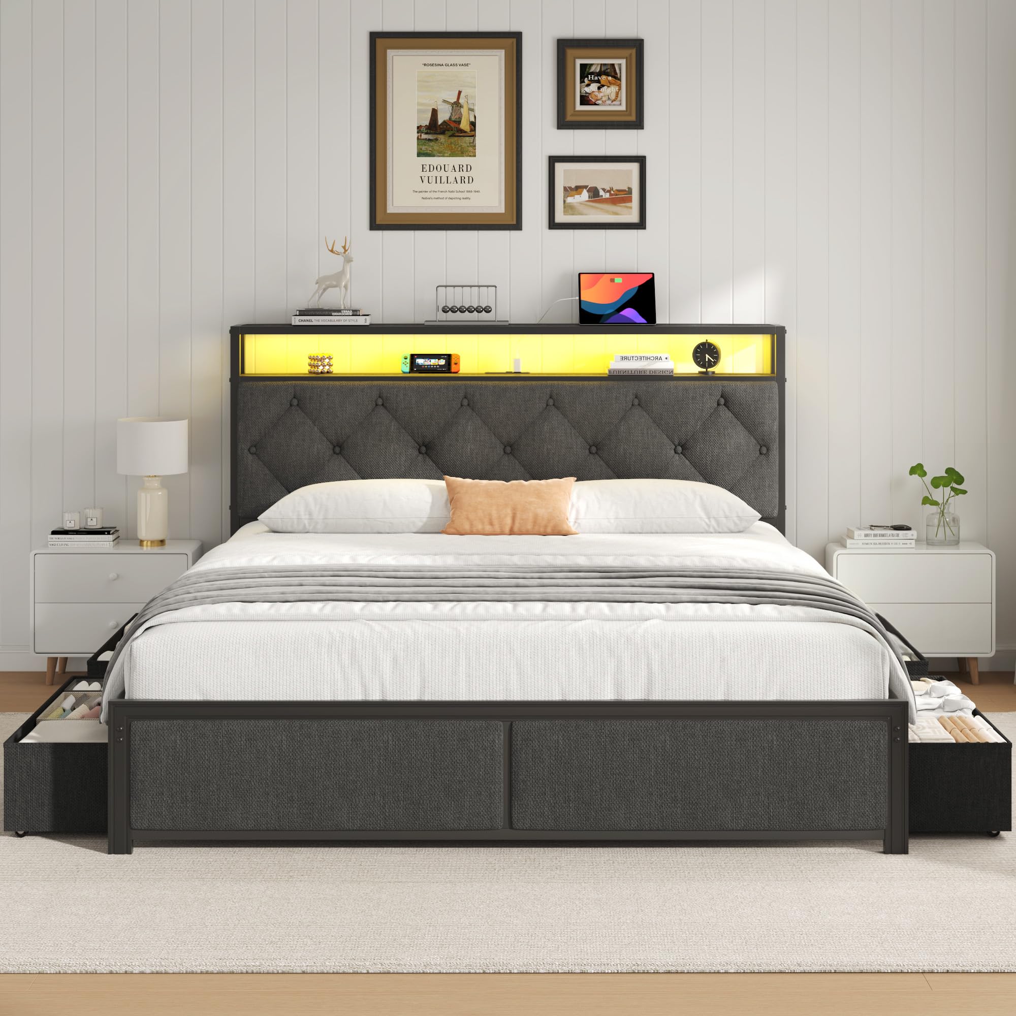 Queen Bed Frame with Storage, LED Lights & Charging Station