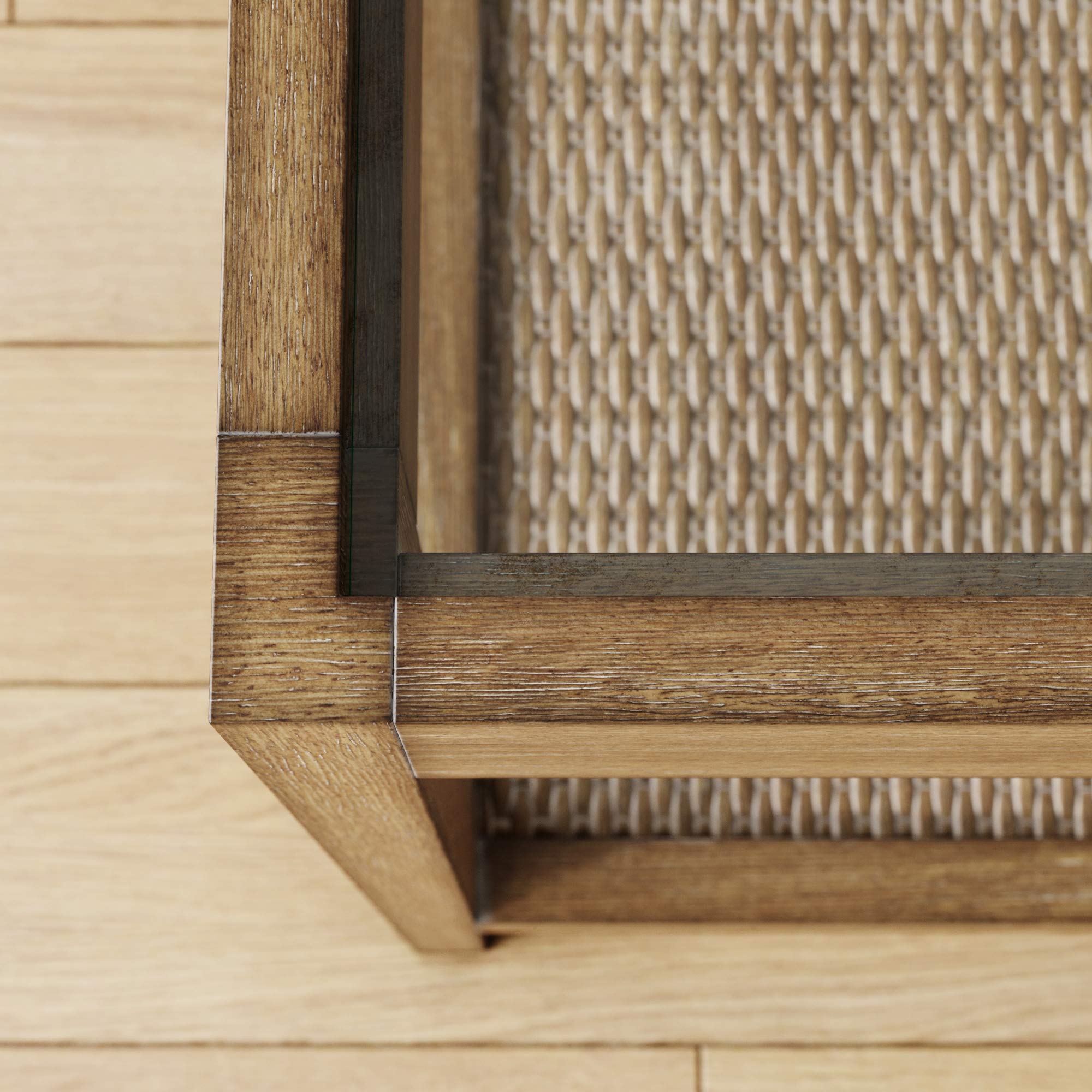 Glass Top End Table with Rattan Shelf