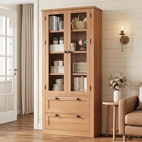 Tall Kitchen Pantry Cabinet with Glass Doors & Drawers